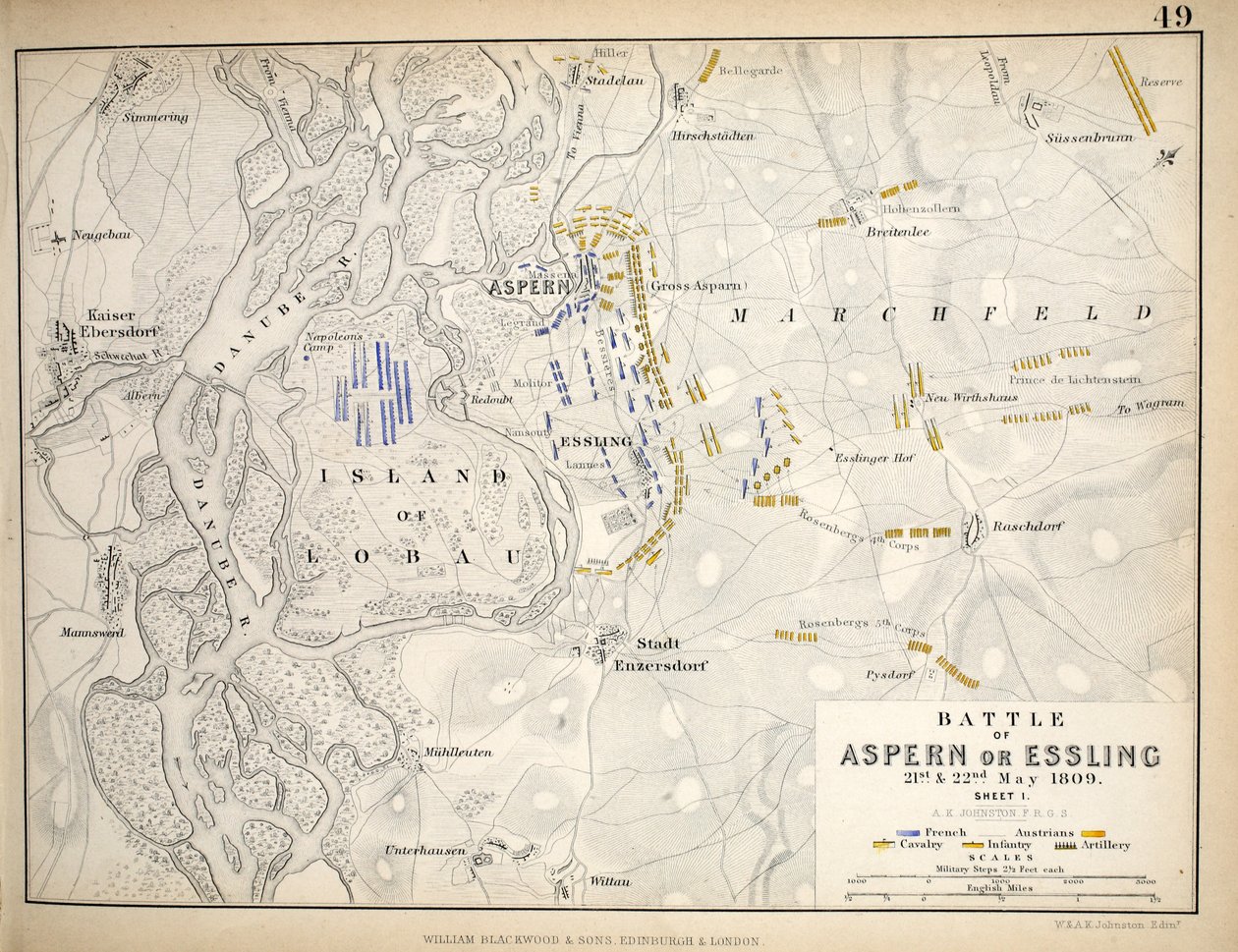 विलियम ब्लैकवुड एंड संस, एडिनबर्ग und लंदन, 1848 (हाथ से उकेरा हुआ उत्कीर्णन) द्वारा प्रकाशित एस्परन या एस्लिंग की लड़ाई का नक्शा द्वारा अलेक्जेंडर कीथ जॉनसन