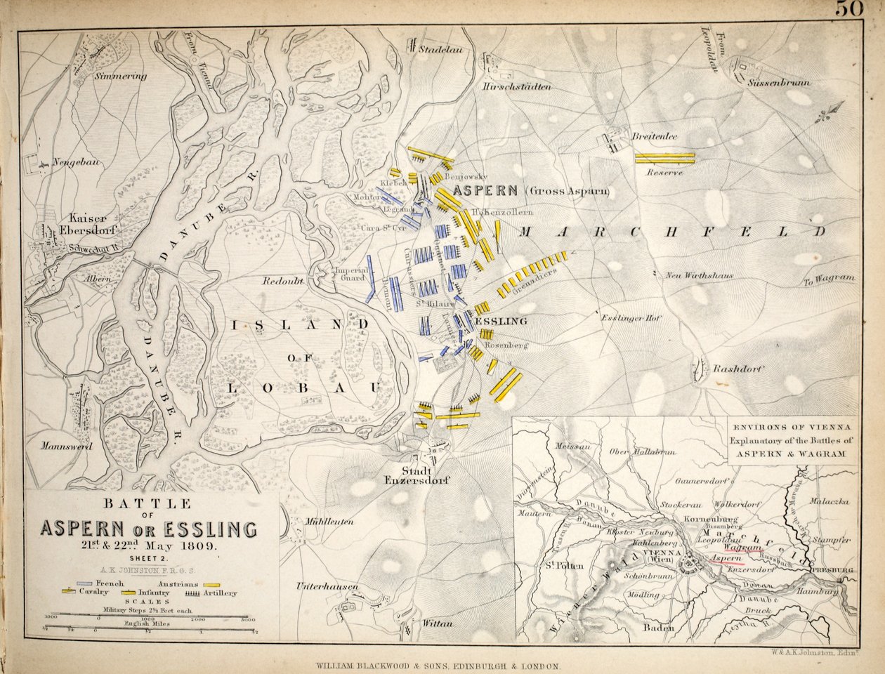 विलियम ब्लैकवुड एंड संस, एडिनबर्ग und लंदन, 1848 (हाथ से उकेरा हुआ उत्कीर्णन) द्वारा प्रकाशित एस्परन या एस्लिंग की लड़ाई का नक्शा द्वारा अलेक्जेंडर कीथ जॉनसन