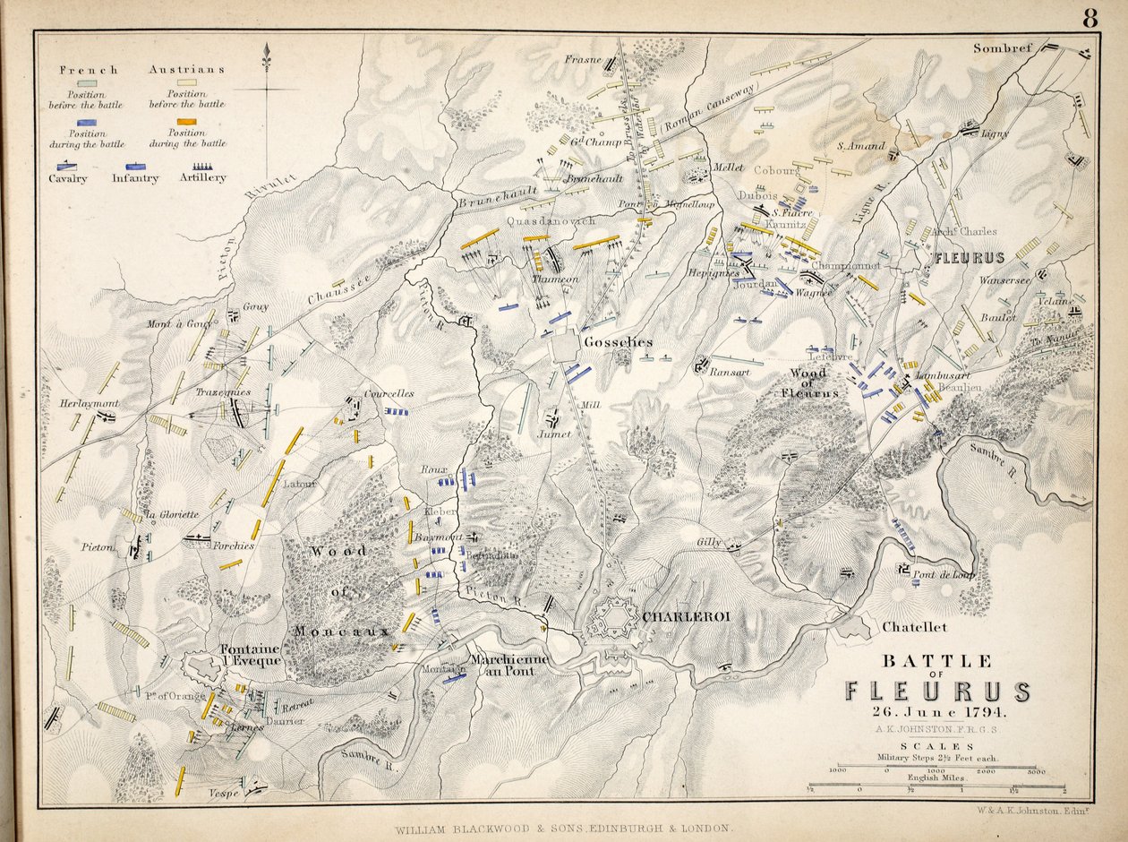 विलियम ब्लैकवुड एंड संस, एडिनबर्ग und लंदन, 1848 द्वारा प्रकाशित फ्लेरस की लड़ाई का मानचित्र द्वारा अलेक्जेंडर कीथ जॉनसन