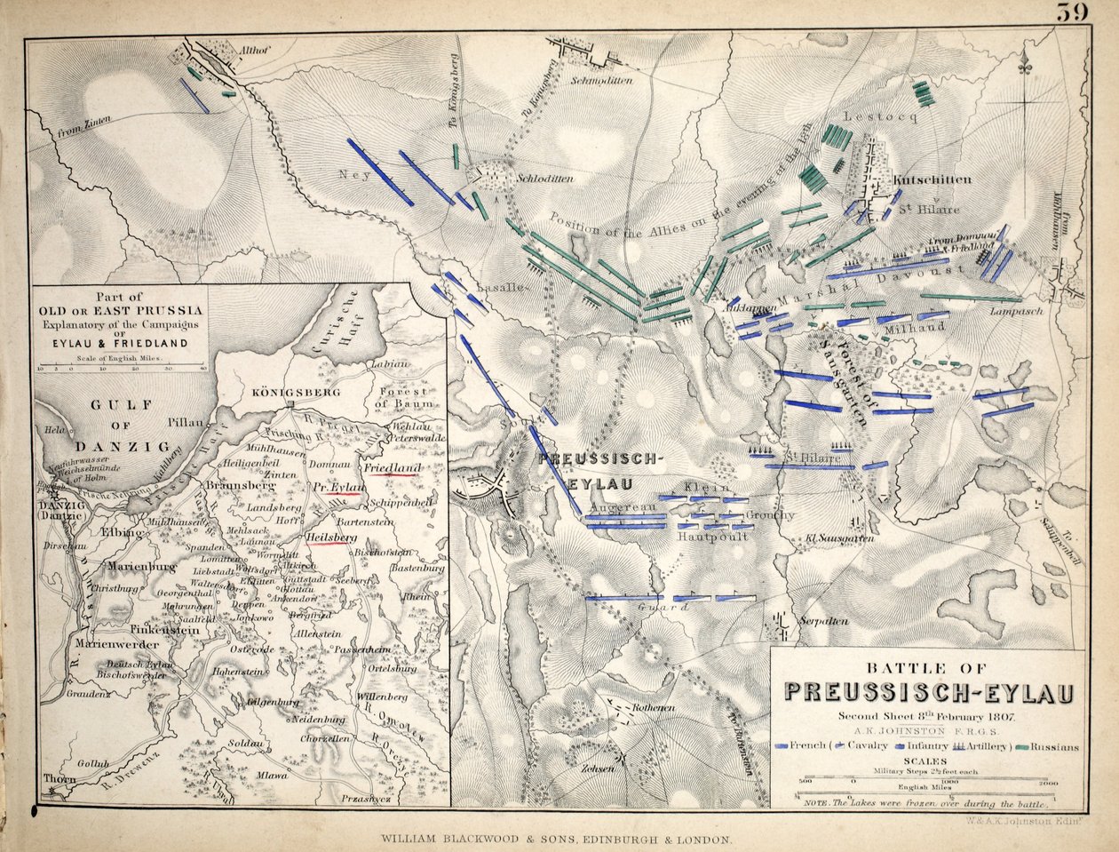 विलियम ब्लैकवुड एंड सन्स, एडिनबर्ग und लंदन, 1848 (हाथ से उकेरा हुआ उत्कीर्णन) द्वारा प्रकाशित प्रीसिशिए-एलाऊ की लड़ाई का नक्शा द्वारा अलेक्जेंडर कीथ जॉनसन