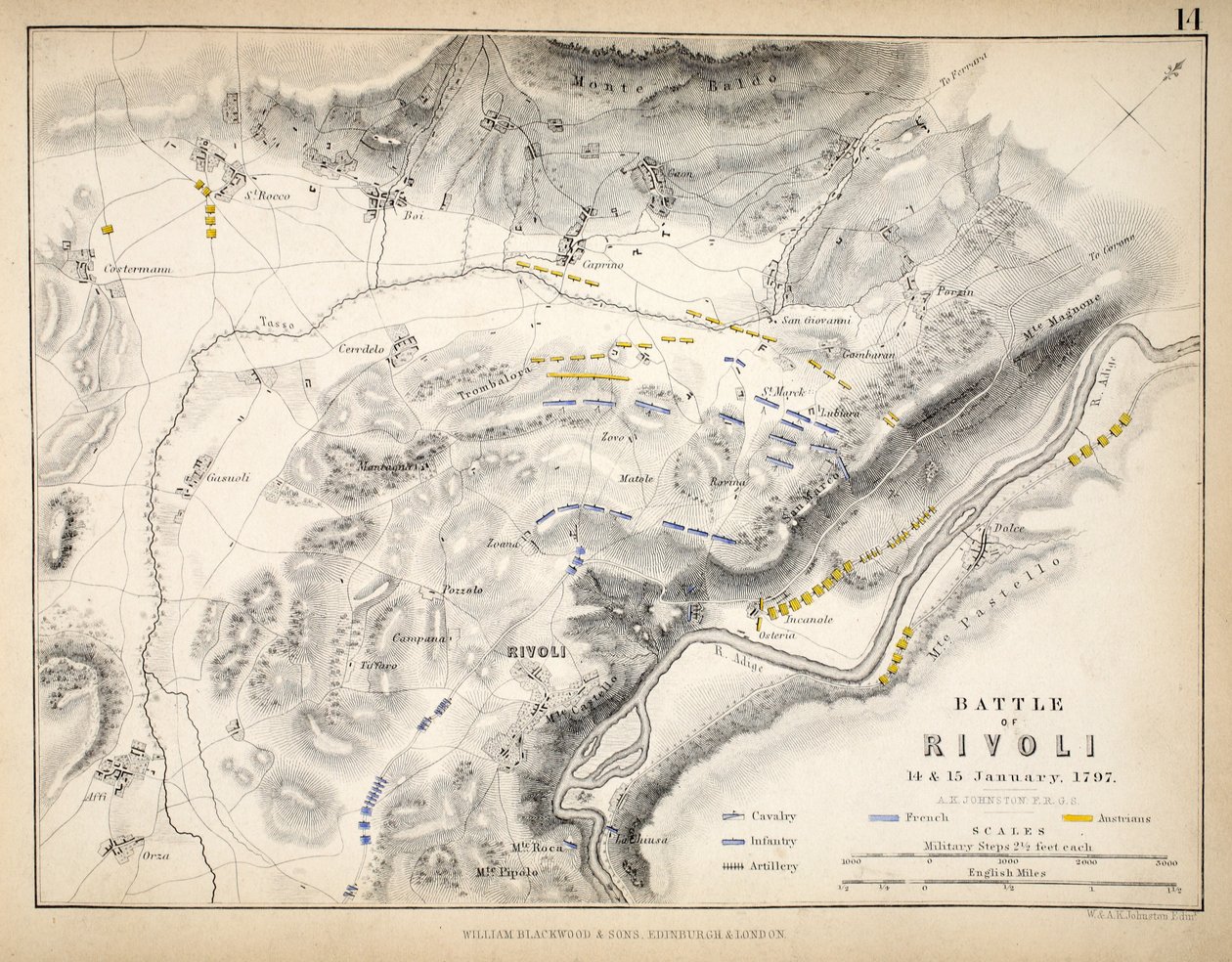 रिवोली की लड़ाई का नक्शा, विलियम ब्लैकवुड एंड संस द्वारा प्रकाशित, एडिनबर्ग und लंदन, 1848 (हाथ से रंग का कपड़ा) द्वारा अलेक्जेंडर कीथ जॉनसन