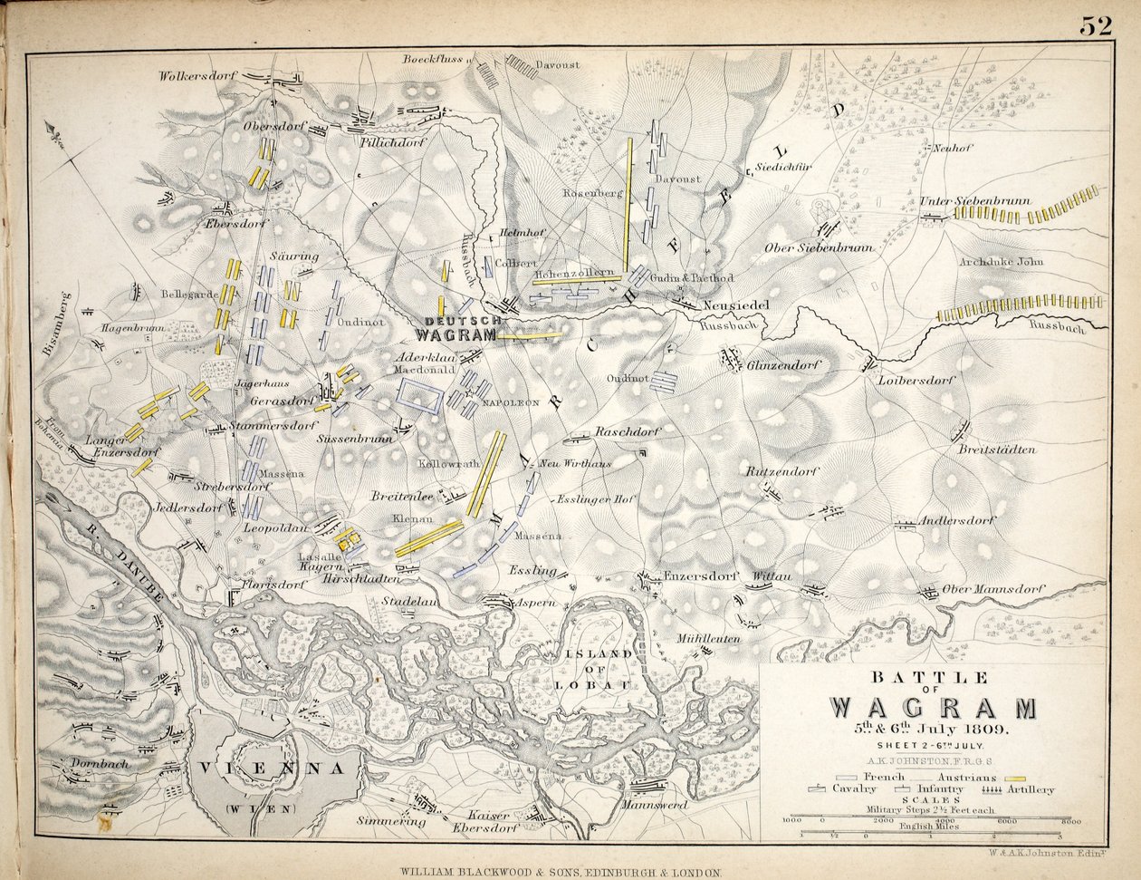 विलियम बैंगवुड एंड संस, एडिनबर्ग und लंदन, 1848 (हाथ से रंग के खुरों) द्वारा प्रकाशित वाग्राम के युद्ध का मानचित्र द्वारा अलेक्जेंडर कीथ जॉनसन