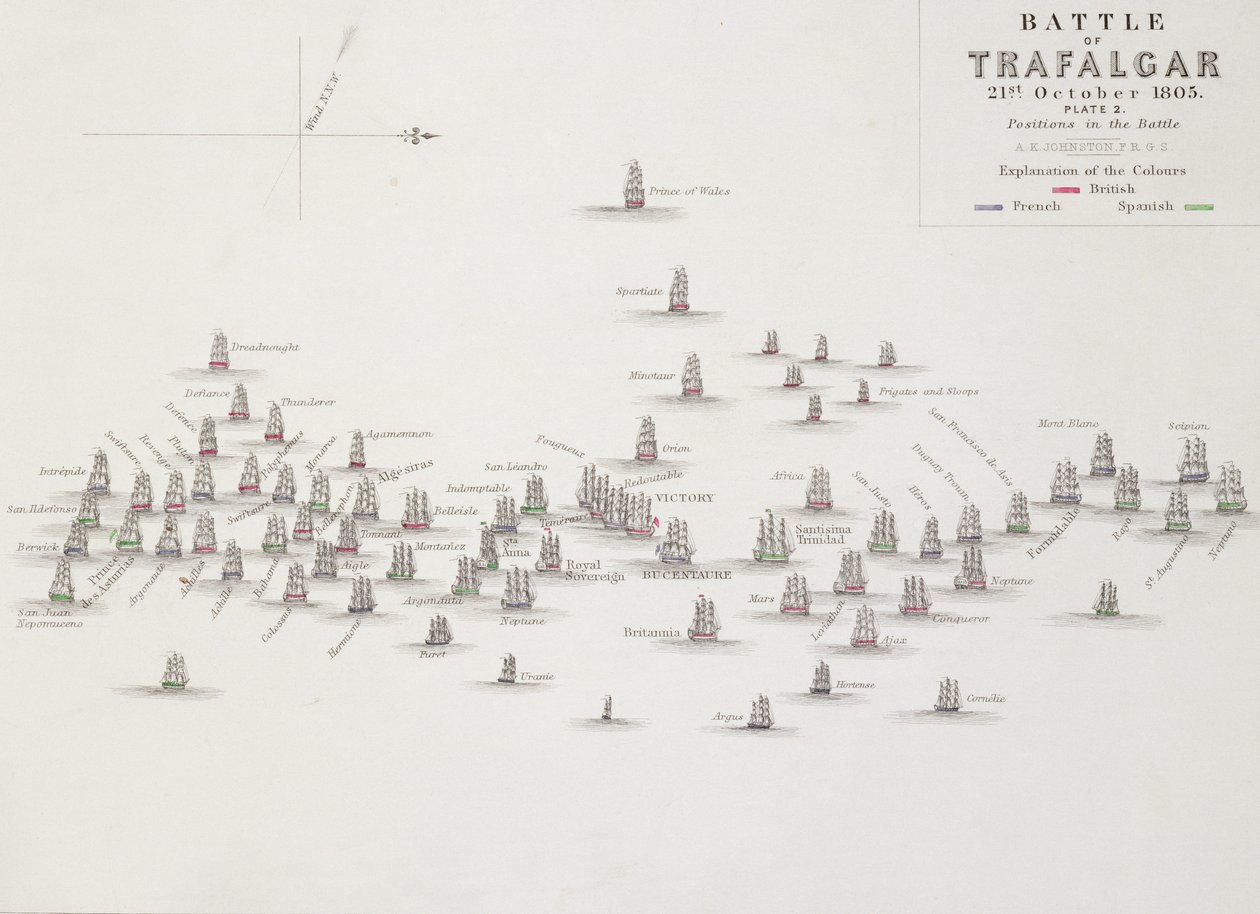 ट्राफलगर की लड़ाई, 21 अक्टूबर 1805, युद्ध में स्थिति, c.1830s द्वारा अलेक्जेंडर कीथ जॉनसन