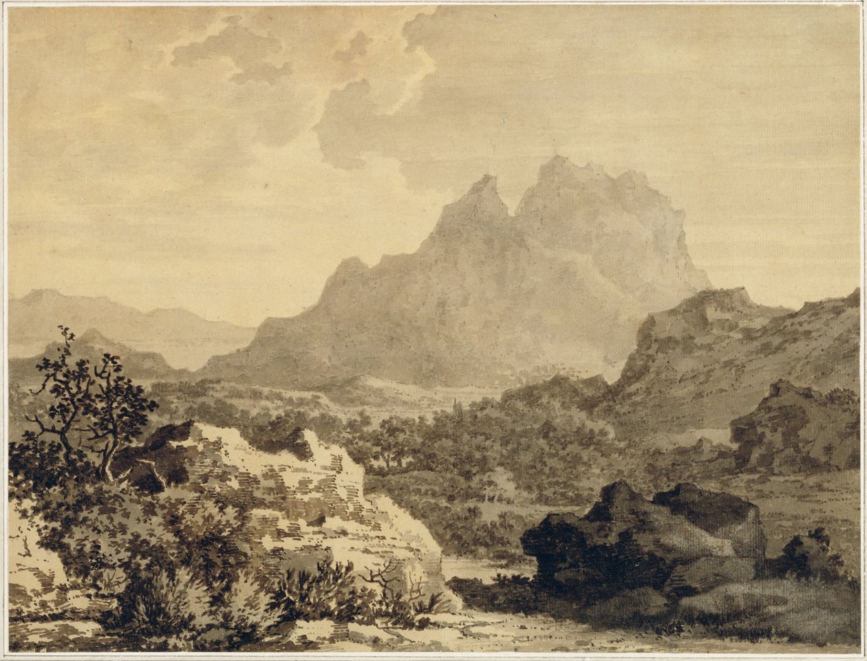 पर्वतीय लैंडस्केप, c.1780 (भूरे रंग की जमीन के साथ तैयार किए गए कागज़ पर भूरे और भूरे रंग के कपड़े) द्वारा अलेक्जेंडर कोज़ेंस
