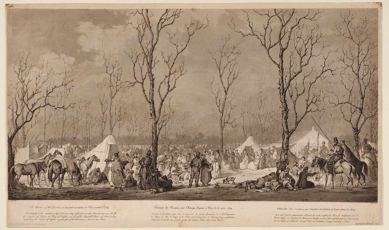 मार्च 1814, 1814 को पेरिस में एवेन्यू डेस चैंप्स-एलेसीस में कोसैक्स का बीवैक द्वारा अलेक्जेंडर इवानोविच सॉवराइड