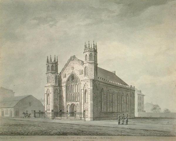 सेंट थॉमस चर्च, ब्रॉडवे, न्यूयॉर्क शहर, c.1829 (कागज पर पानी के रंग का) द्वारा अलेक्जेंडर जैक्सन डेविस