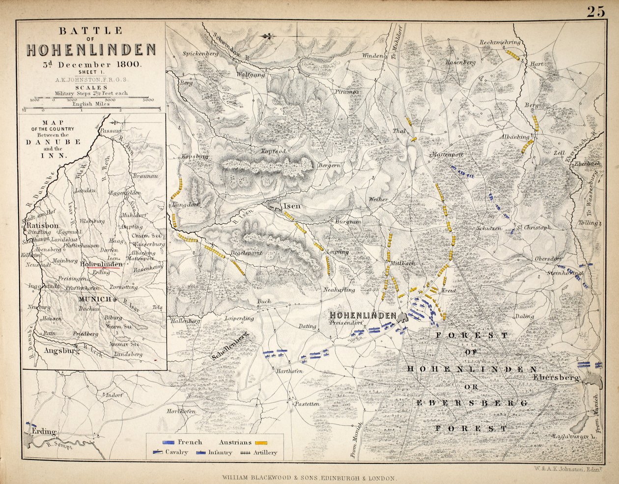 विलियम ब्लैकवुड एंड संस, एडिनबर्ग und लंदन, 1848 (हाथ से उकेरा हुआ उत्कीर्णन) द्वारा प्रकाशित होहेनलिंडन की लड़ाई का नक्शा द्वारा अलेक्जेंडर कीथ जॉनसन