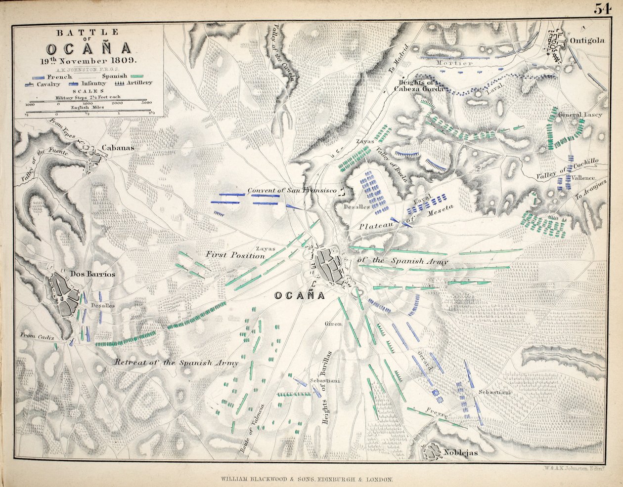 Ocana की लड़ाई का नक्शा, विलियम ब्लैकवुड एंड संस, एडिनबर्ग und लंदन, 1848 द्वारा प्रकाशित (हाथ से रंग के टुकड़े) द्वारा अलेक्जेंडर कीथ जॉनसन