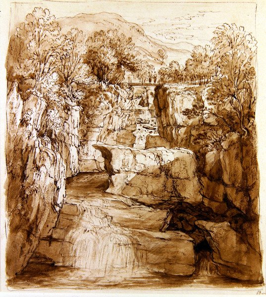 द ब्रैकलिन फॉल्स, पर्थशायर, c.1810 (कागज पर धोने के साथ कलम और भूरी स्याही) द्वारा अलेक्जेंडर नसीम