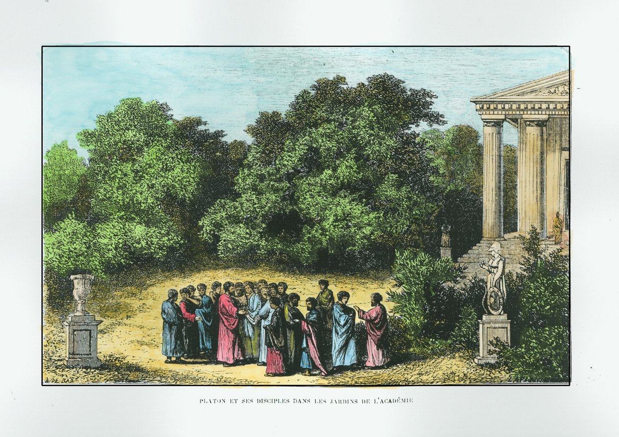 प्लेट फार्च (c.427-c.348 ई.पू.) और लुई फिगर द्वारा &39;ला वाइ डेस सेवेंट्स इलस्ट्र्रेस&39; से एकेडमी के गार्डन में उनके शिष्य, लाप्लांटे द्वारा उत्कीर्ण, c.1870 (बाद में उपनिवेश) द्वारा अलेक्जेंड्रे डे बार