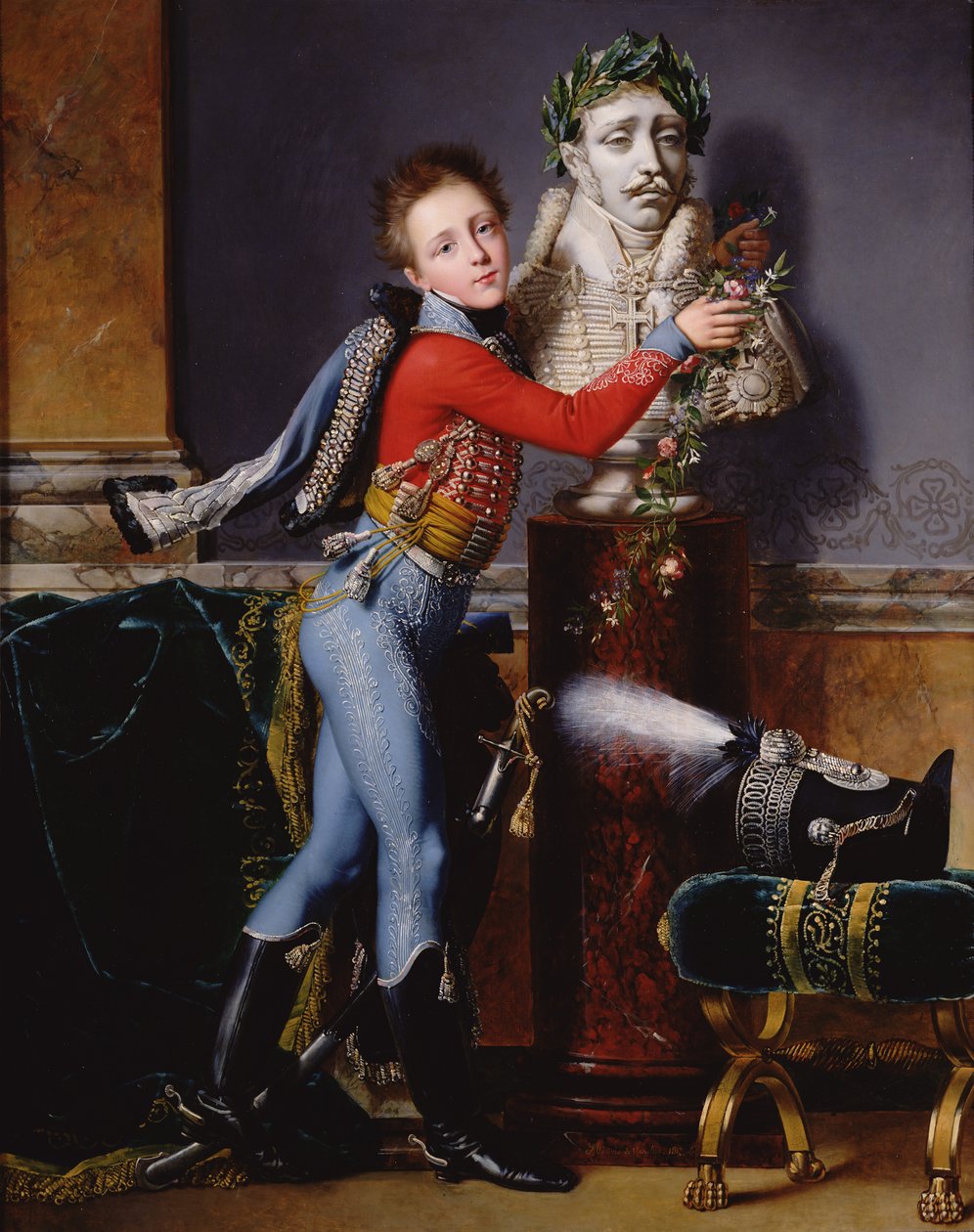 Edouard Cesar de Laborde का चित्र अपने पिता के फूलों से टकराते हुए, कैनवास पर 1817 तेल के साथ द्वारा अलेक्जेंड्रे जीन डुबोइस ड्रोनोएट