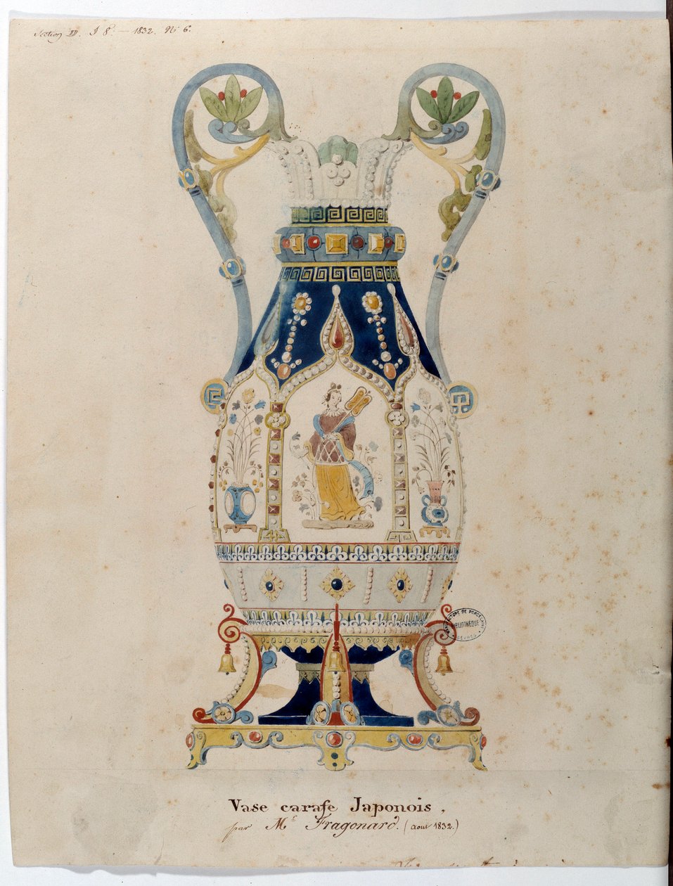 अलेक्जेंड्रे एवरिस्टे फ्रैगोनार्ड (1780-1850) 1832 सेवर्स द्वारा जापानी कैरफ़ फूलदान जल रंग। चीनी मिट्टी के बरतन निर्माण द्वारा अलेक्जेंड्रे एवरिस्टे फ्रैगोनार्ड