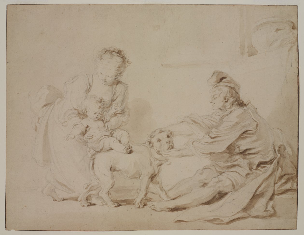 द फर्स्ट राइडिंग लेसन (La première leçon déquitation), c.1778 (एंटीक रखी कागज पर ग्रेफाइट और ब्राउन वॉश) द्वारा अलेक्जेंड्रे एवरिस्टे फ्रैगोनार्ड