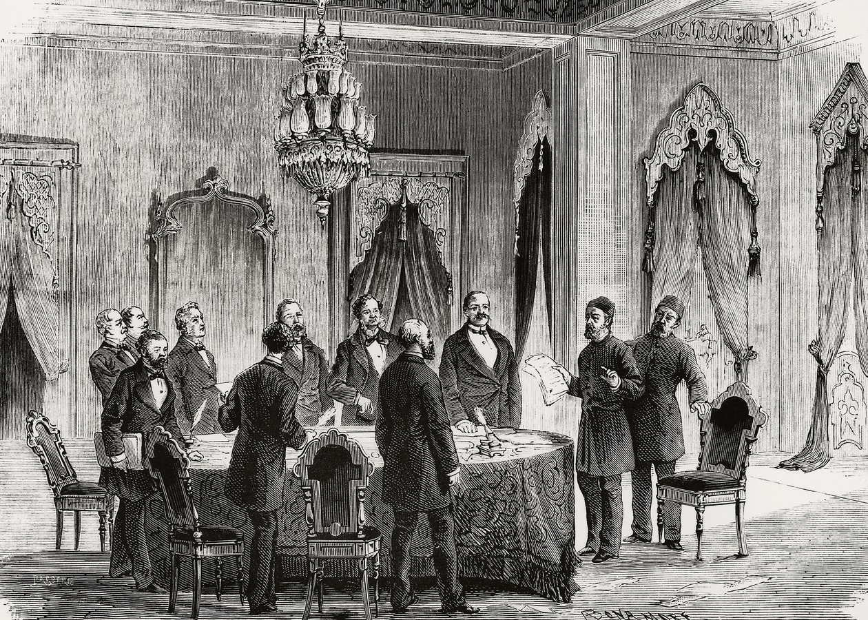 कॉन्स्टेंटिनोपल सम्मेलन, दिसंबर 1876, उत्कीर्णन, तुर्की द्वारा अलेक्जेंड्रे गेब्रियल (बाद में) डीकैंप्स