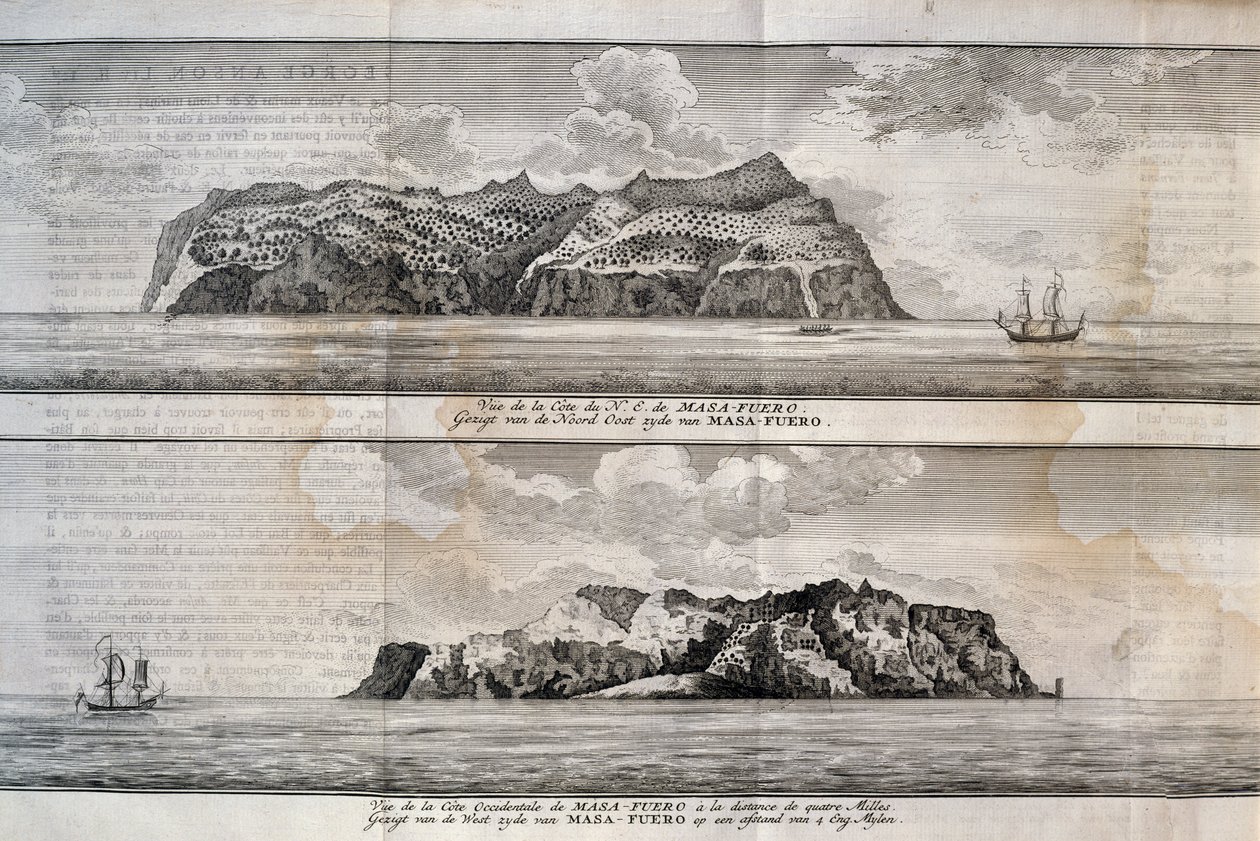 एलेजांद्रो सेल्किर्क द्वीप या मास अफ्यूरा द्वीप, जुआन फर्नांडीज द्वीपसमूह, चिली का दृश्य, उत्कीर्णन द्वारा अलेक्जेंड्रे गेब्रियल (बाद में) डीकैंप्स