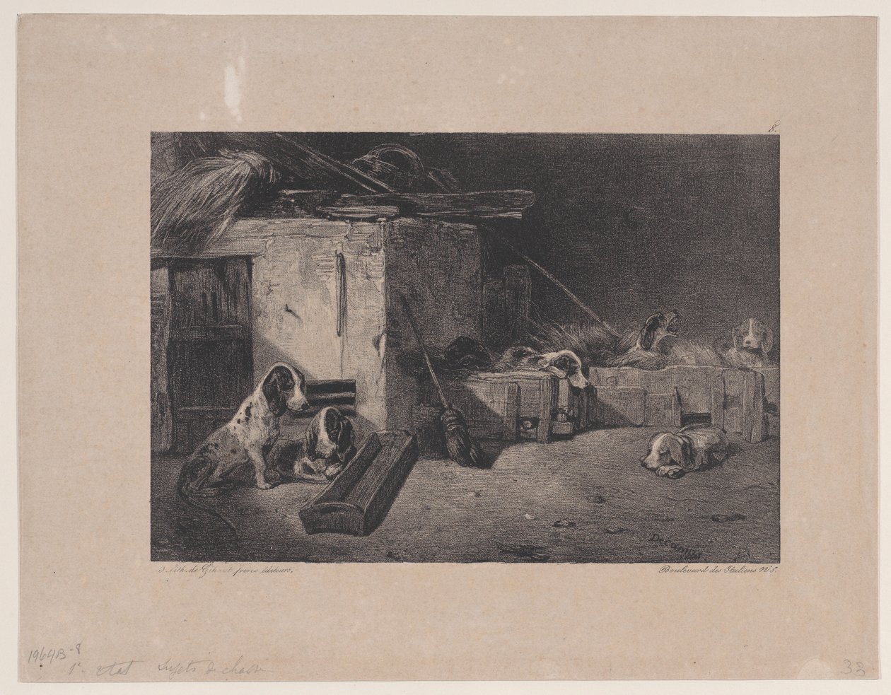 केनेल का इंटीरियर, हंटिंग सीन्स की श्रृंखला से, 1829। द्वारा अलेक्जेंड्रे गेब्रियल डिकैम्प्स
