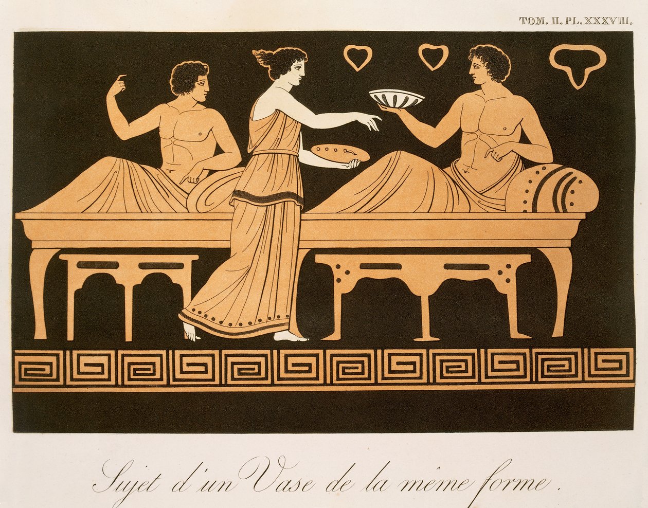 Bacchus' भोज, तालिका 38 'कलेक्शन डेस वासेस ग्रीक्स, वॉल्यूम II' से, 1813-24 प्रकाशित (कलर लिथो) द्वारा अलेक्जेंड्रे डी लबोर्डे