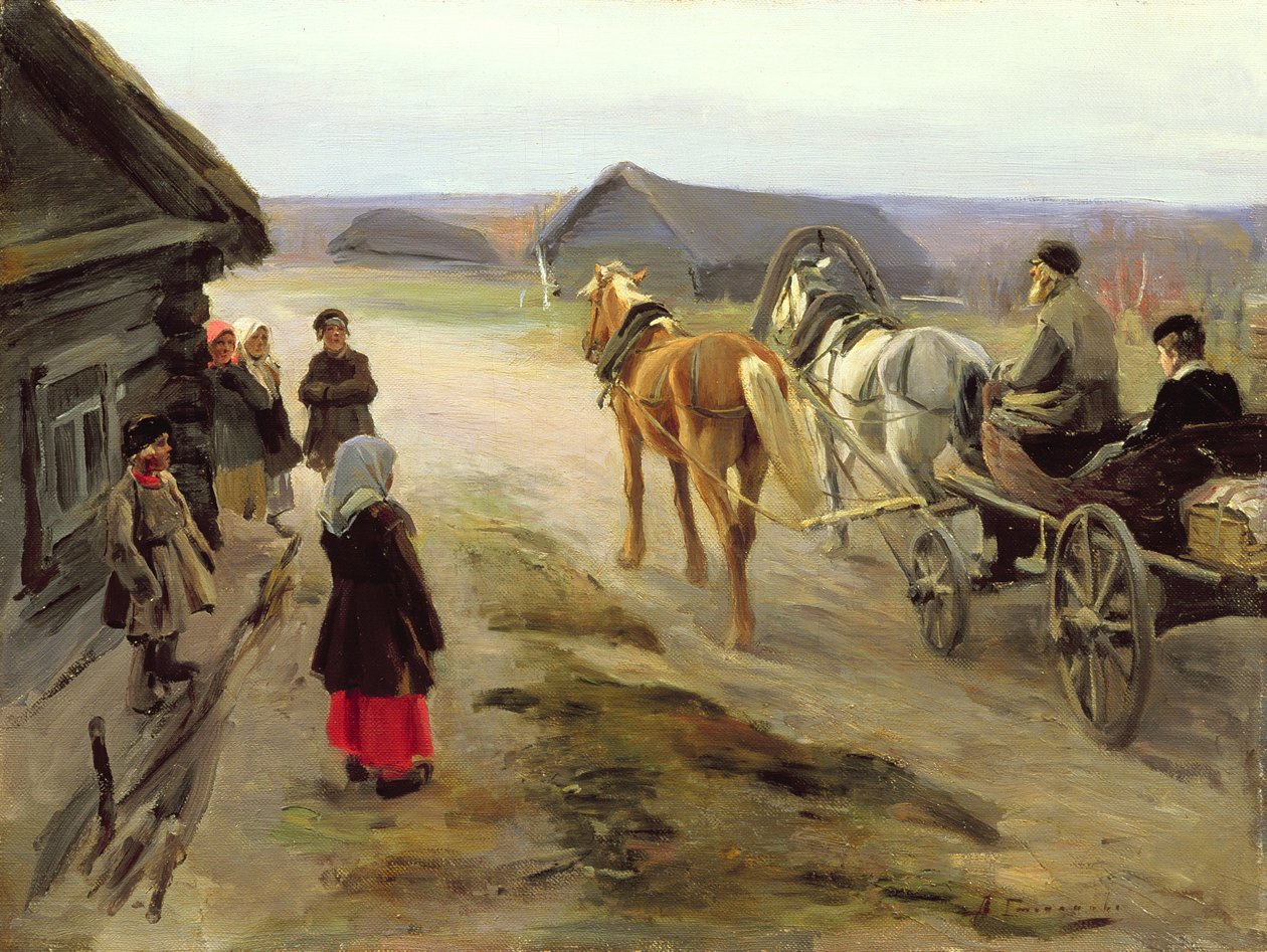 देश में एक स्कूल-मालकिन का आगमन, c.1908-14 द्वारा एलेक्सी स्टीपनोवविच स्टेपानोव