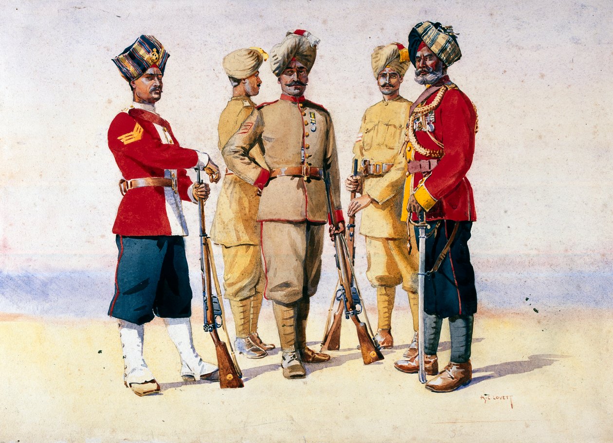 विभिन्न रेजिमेंटों के सैनिक, मेजर जीएफ मैकमुन्न द्वारा &39;भारत की सेनाओं&39; के लिए चित्रण, 1911, 1908 में प्रकाशित द्वारा अल्फ्रेड क्राउड लवेट