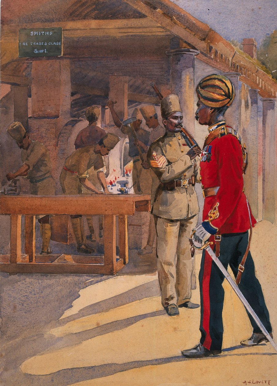 1911, 1908 में प्रकाशित मेजर जीएफ मैकमुन द्वारा &39;द वर्कशॉप&39; हवलदार, सूबेदार, भारत की सेनाओं के लिए चित्रण के बाहर 2 द क्वीनस ओन सैपर्स एंड माइनर्स के सैनिक द्वारा अल्फ्रेड क्राउड लवेट