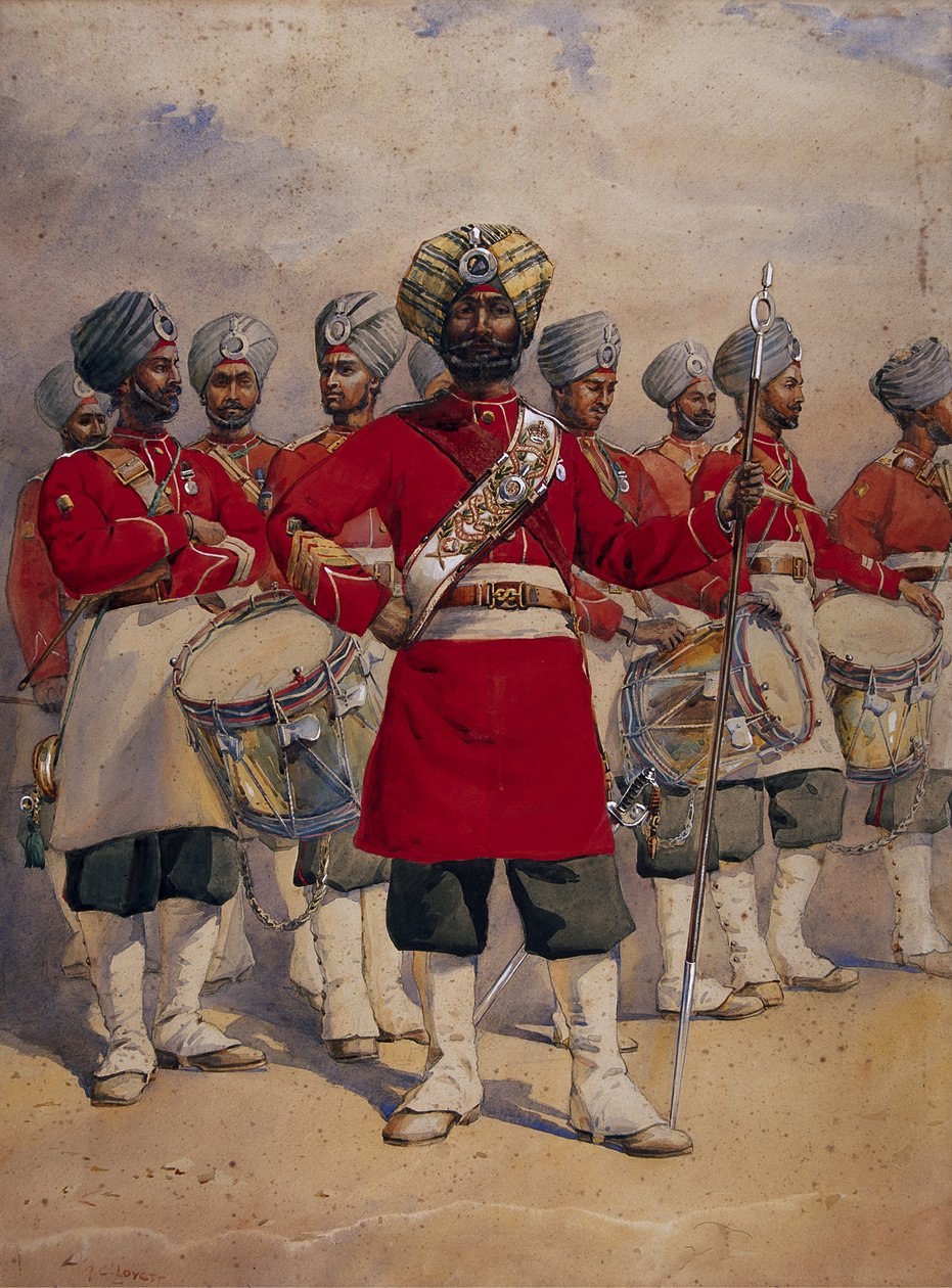 1911, 1908 में प्रकाशित मेजर जीएफ मैकमुन द्वारा 45 वीं रैट्रे के सिखों के सैनिकों के ड्रम &39;जाट सिखों, भारत की सेनाओं&39; के लिए चित्रण द्वारा अल्फ्रेड क्राउड लवेट