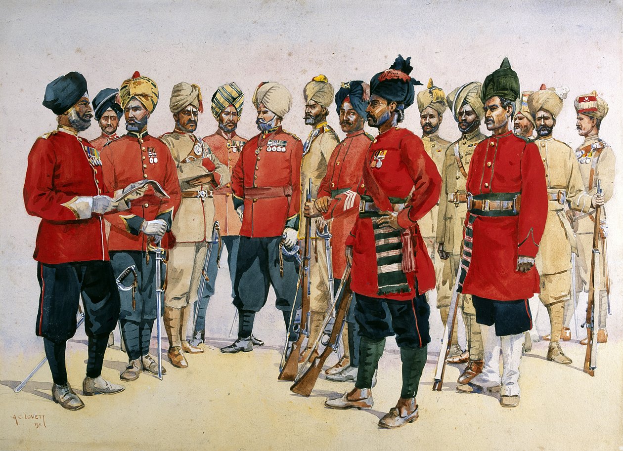 1911 में प्रकाशित मेजर जीएफ मैकमुन द्वारा VCO, NCO के और विभिन्न पंजाब रेजिमेंट के सिपाहियों, &39;भारत की सेनाओं&39; का चित्रण द्वारा अल्फ्रेड क्राउड लवेट