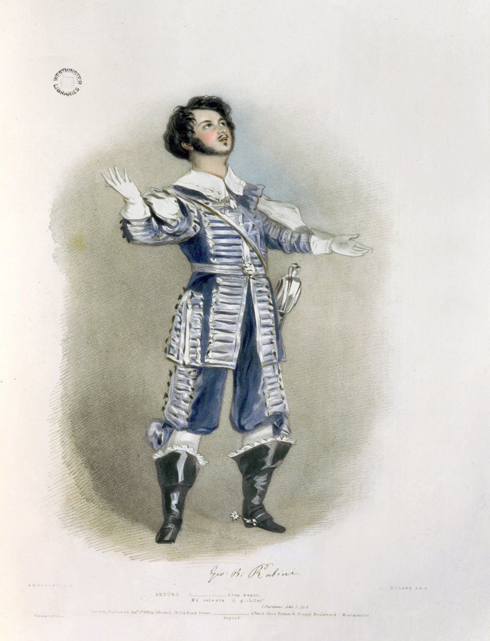 रिचर्ड इवन लेन (1800-72), 1836 द्वारा उत्कीर्ण &39;इटैलियन ओपेरा की याद&39; से &39;आई पूर्तिनी&39; में आर्टुरो के रूप में जियोवन्नी बतिस्ता रुबीनी (1794-1854) द्वारा अल्फ्रेड एडवर्ड चैलन