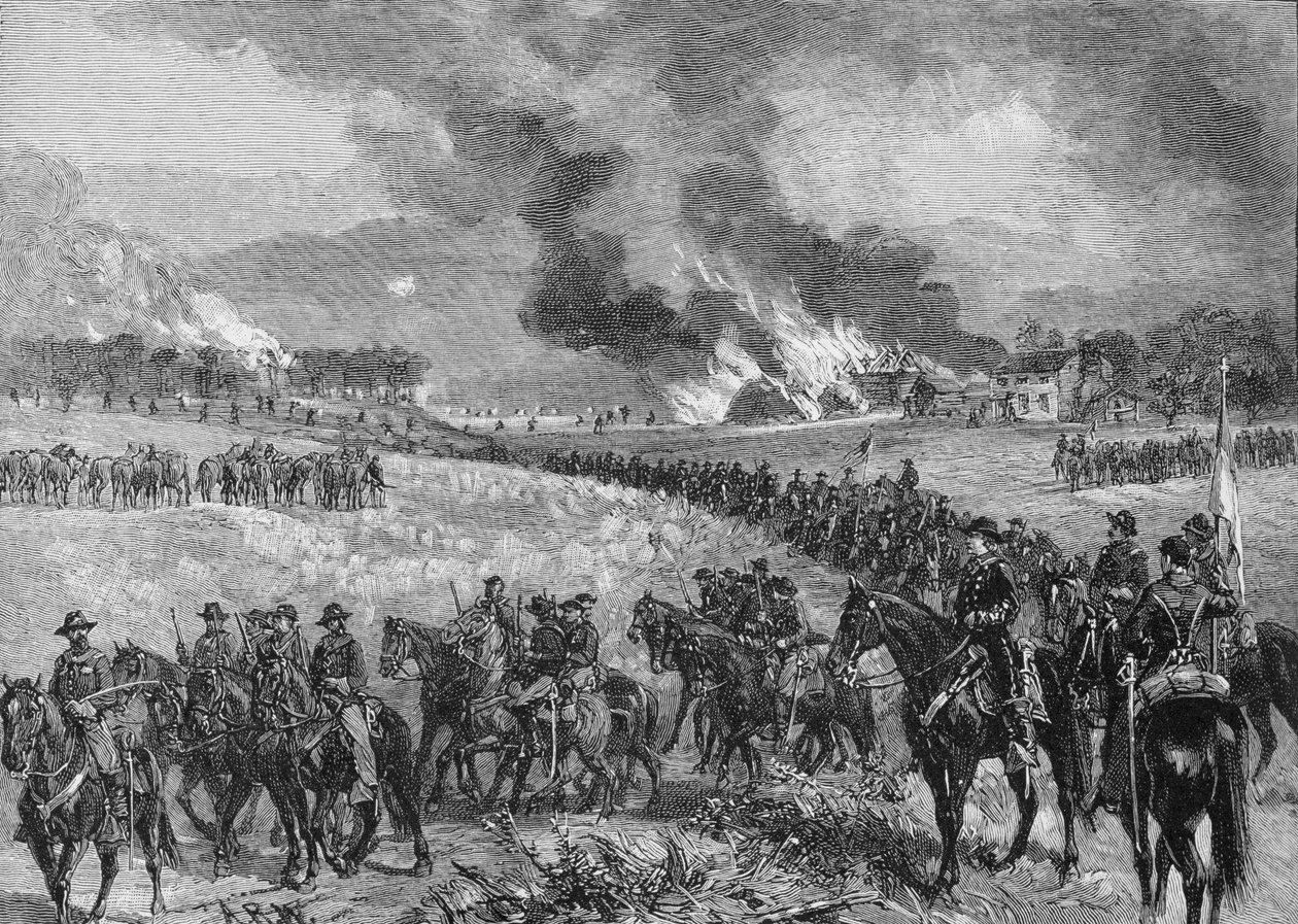 रियर-गार्ड: माउंट जैक्सन, 7 अक्टूबर 1864 से जनरल कस्टर का विभाजन, रॉबर्ट अंडरवुड जॉनसन और क्लेरेंस क्लॉग द्वारा संपादित &39;बैटल एंड लीडर्स ऑफ सिविल वॉर&39; का चित्रण। द्वारा अल्फ्रेड रुडोल्फ वुड