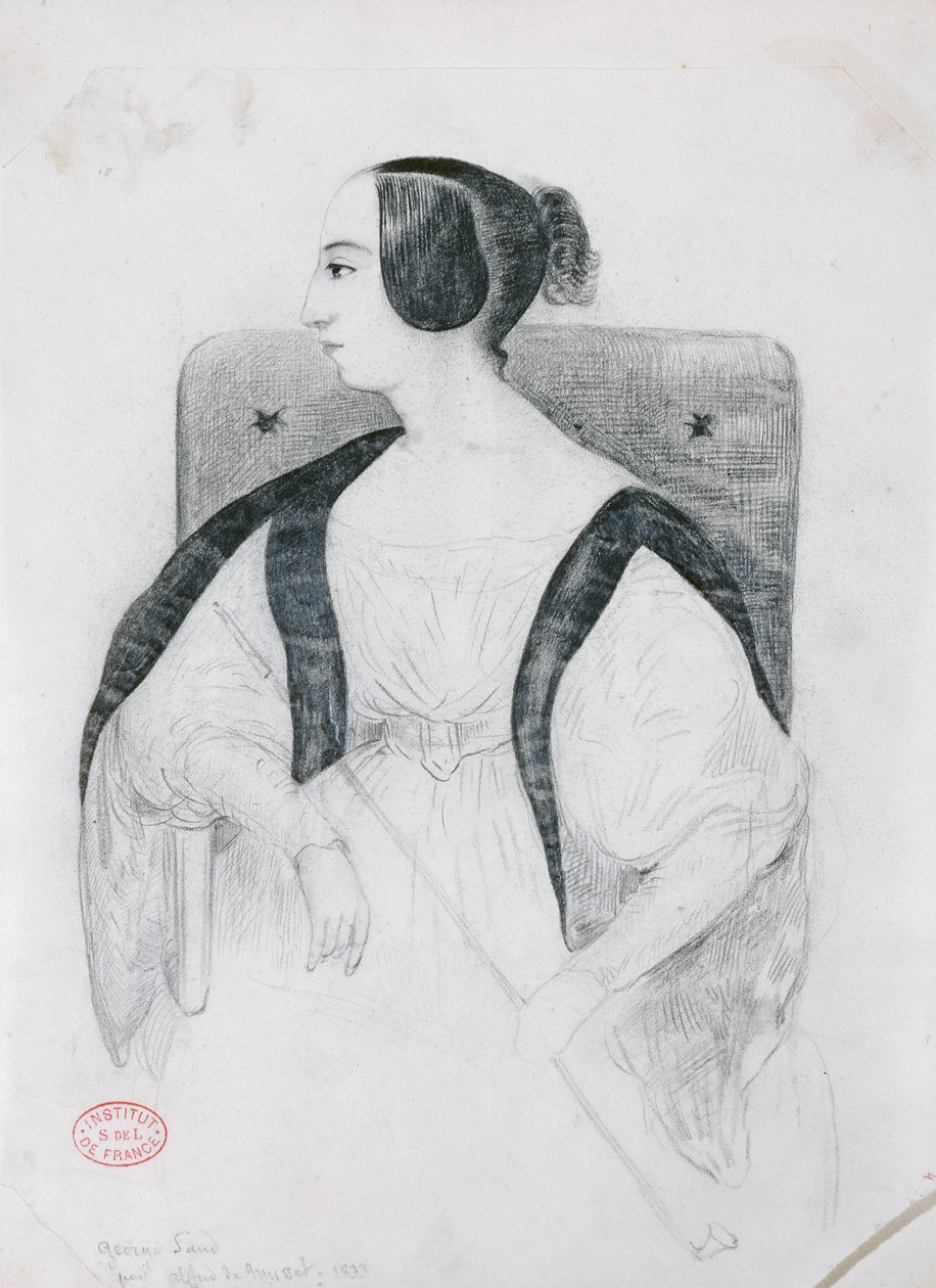 जॉर्ज सैंड (1804-76) एक आर्मचेयर, 1833 में बैठे द्वारा अल्फ्रेड डी मुसेट