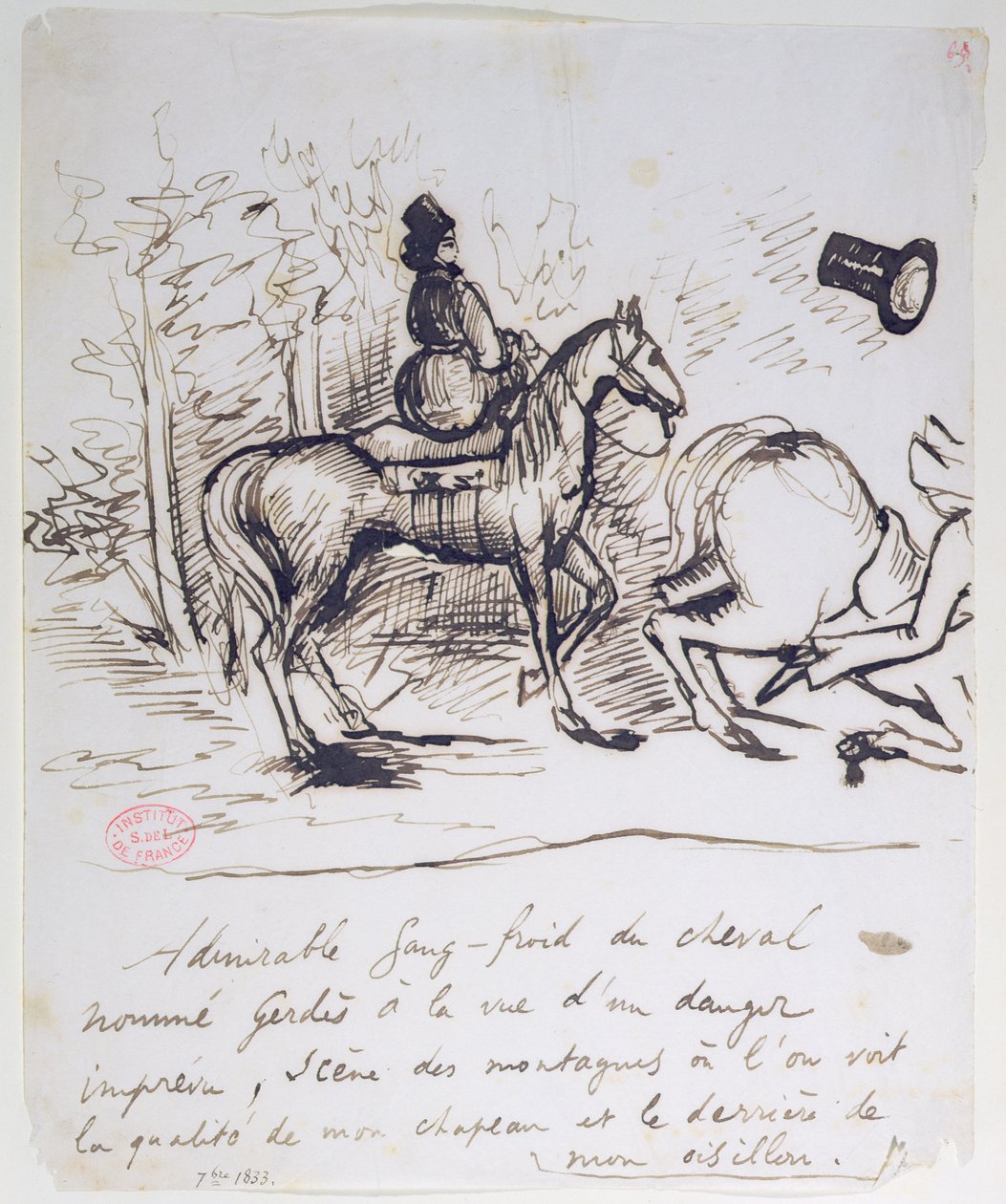 जॉर्ज सैंड का घोड़ा अल्फ्रेड डी मुस्सेट (1810-57) के ठोकर वाले घोड़े के पीछे सैंगफायर का प्रदर्शन करते हुए, सितंबर 1995 द्वारा अल्फ्रेड डी मुसेट