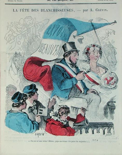 गिलोट द्वारा उकेरी गई 'फेट डेस ब्लैंचिसस' को दर्शाने वाला कार्टून, c.1860 (रंगीन उत्कीर्णन) द्वारा अल्फ्रेड (बाद में) ग्रीविन