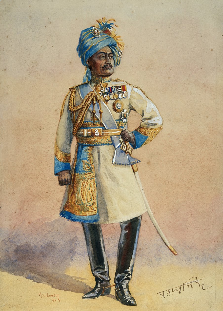 माननीय मेजर-जनरल एचएच महाराजा सर प्रताप सिंह बहादुर, 1911 में प्रकाशित मेजर जीएफ मैकमुन द्वारा &39;भारत की सेनाओं&39; के लिए चित्र द्वारा अल्फ्रेड क्राउड लवेट