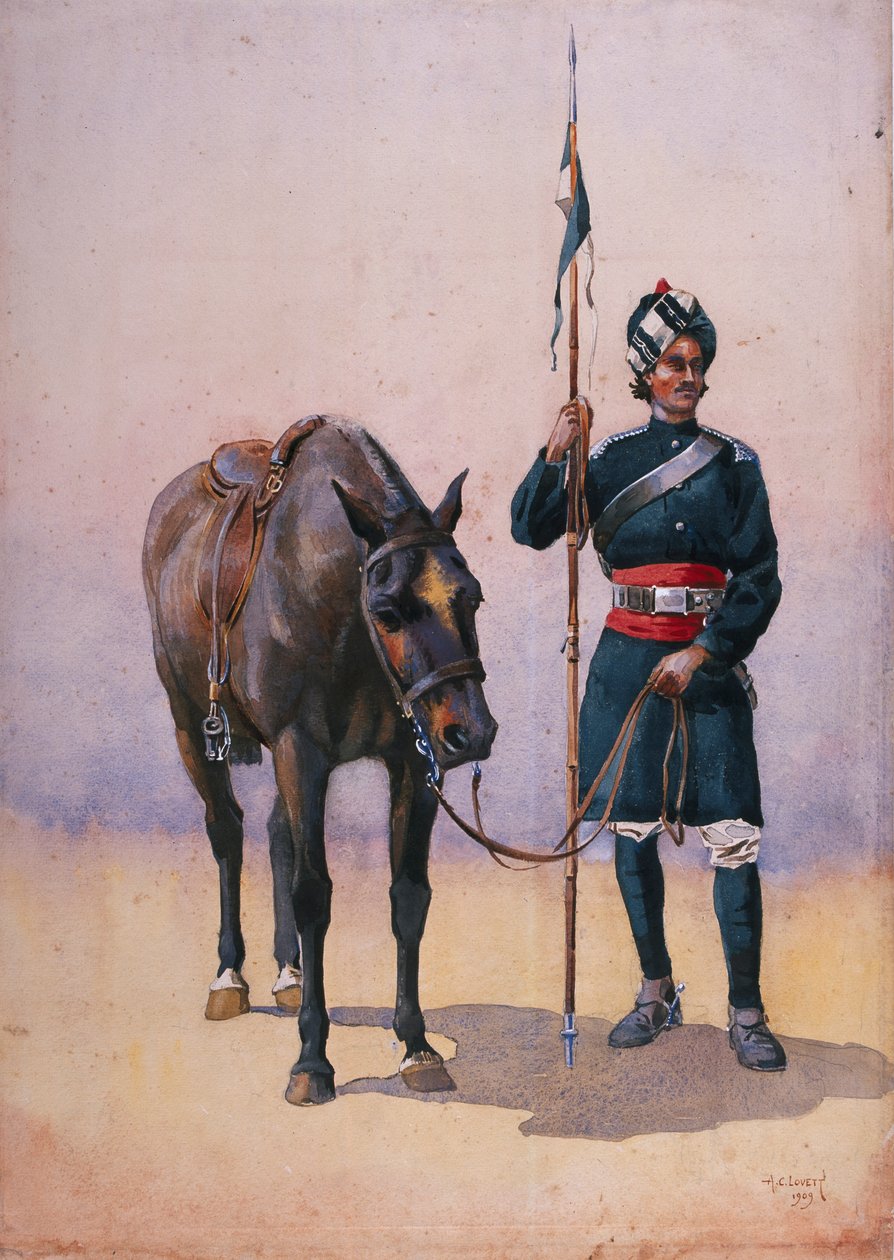 19 वीं लैंसर्स का सैनिक (फेन का घोड़ा) पंजाबी मुसल्मन, 1911, 1909 में प्रकाशित मेजर जीएफ मैकमुन द्वारा &39;भारत की सेनाओं&39; के लिए चित्रण। द्वारा अल्फ्रेड क्राउड लवेट