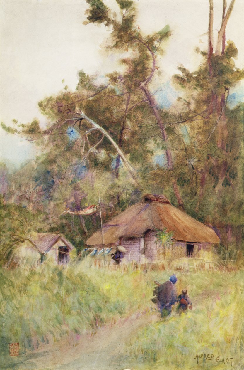 जापान में एक तूफानी दिन, c.1889 (कागज पर पानी के रंग का) द्वारा अल्फ्रेड पूर्व