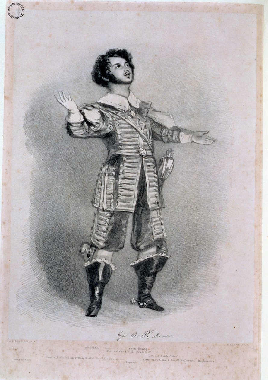 &39;I Puritani&39; में Arturo के रूप में Giovanni Battista Rubini (1794-1854), &39;इटैलियन ओपेरा की याद&39; से प्रूफ कॉपी, रिचर्ड जेम्स लेन (1800-72), 1836 द्वारा उत्कीर्ण (रंग के लिए 123979 देखें) द्वारा अल्फ्रेड एडवर्ड चैलन