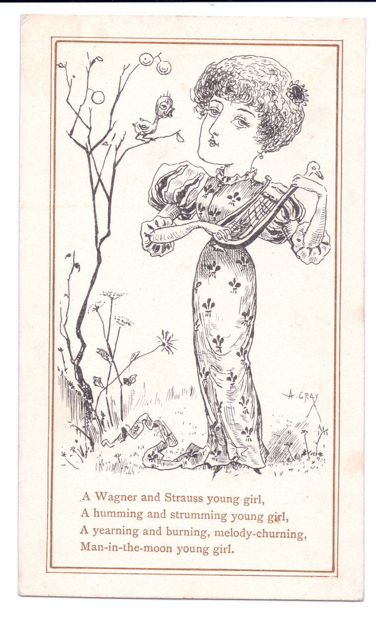 विक्टोरियन ग्रीटिंग कार्ड ऑफ एस्थेटिक स्ट्रोमिंग ए ल्यूट, c.1881 (मोनोक्रोम) द्वारा अल्फ्रेड ग्रे