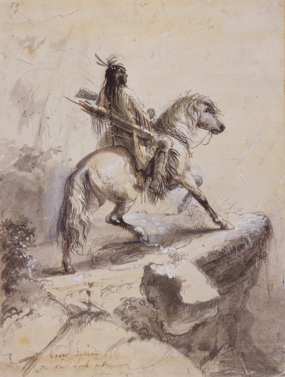 लुकआउट पर कौवा इंडियन, c.1837 (कागज पर कलम और स्याही, धुलाई और गौचे) द्वारा अल्फ्रेड जैकब मिलर