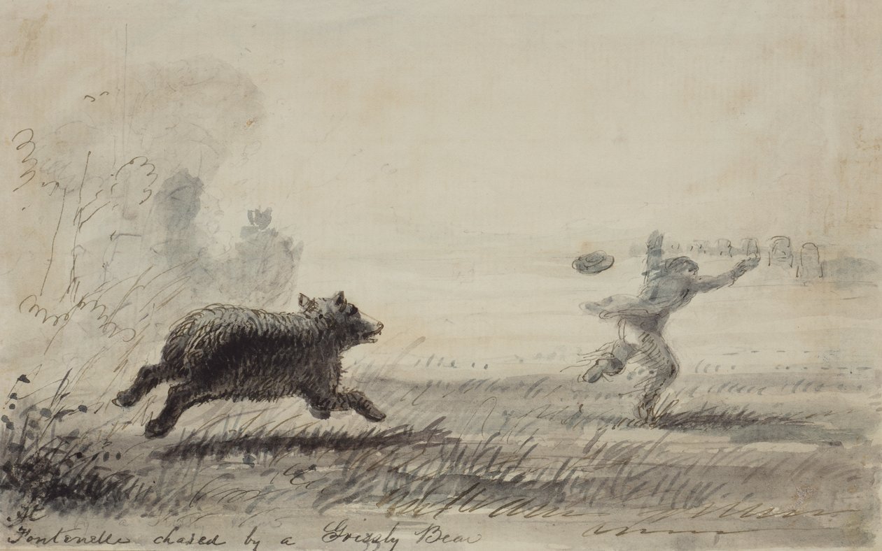 घड़ियाल भालू द्वारा फॉन्टेनेल का पीछा किया गया, c.1837 (कागज पर कलम, स्याही और धुलाई) द्वारा अल्फ्रेड जैकब मिलर