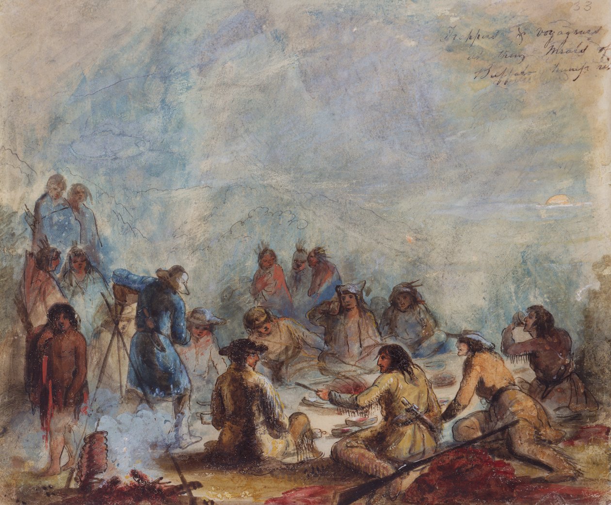बफ़ेलो हंप रिब के अपने भोजन में सूर्योदय, ट्रैपर्स और यात्री, c.1837 (कागज पर जल रंग) द्वारा अल्फ्रेड जैकब मिलर