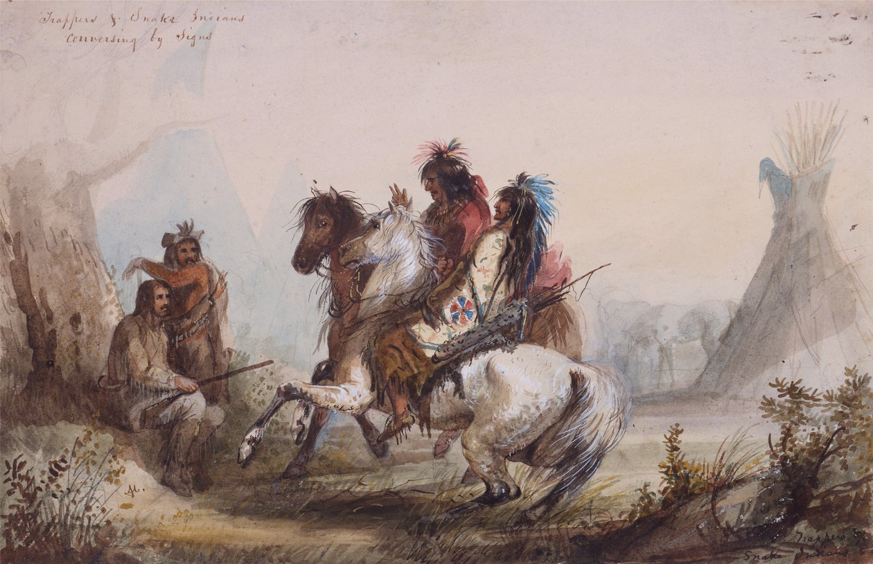 ट्रैपर्स एंड स्नेक इंडियंस कन्वर्सिंग बाय साइन्स, c.1837 (कागज पर पेंसिल, वॉटरकलर और गौचे) द्वारा अल्फ्रेड जैकब मिलर