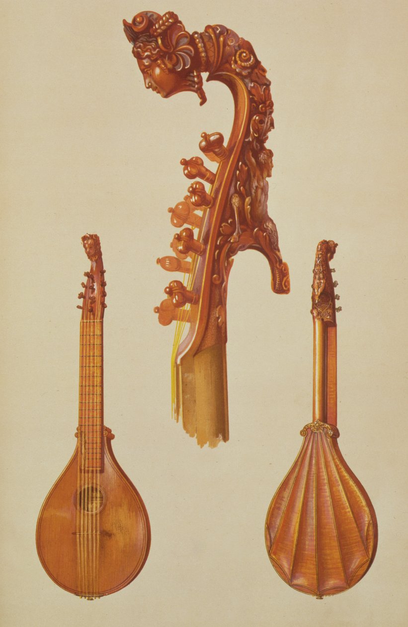 एंटोनियो स्ट्राडिवेरियस द्वारा निर्मित सीट (c.1644-1737) 1700, &39;म्यूजिकल इंस्ट्रूमेंट्स&39; (रंगीन लिथो) से द्वारा अल्फ्रेड जेम्स हिपकिंस
