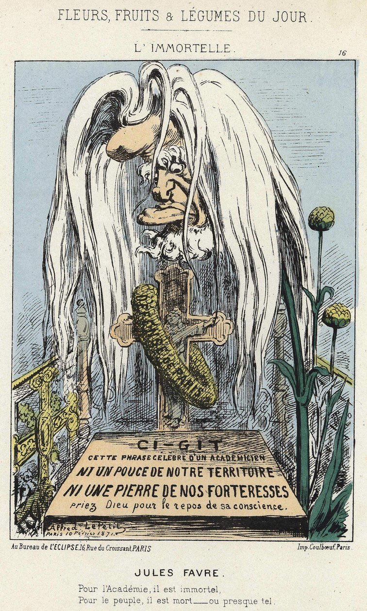 L'Immortelle: जूल्स फेवरे के बारे में कैरिकेचर - बीमार। 10/02/1871 से "दिन के फूल, फल और सब्जियां" में द्वारा अल्फ्रेड ले पेटिट