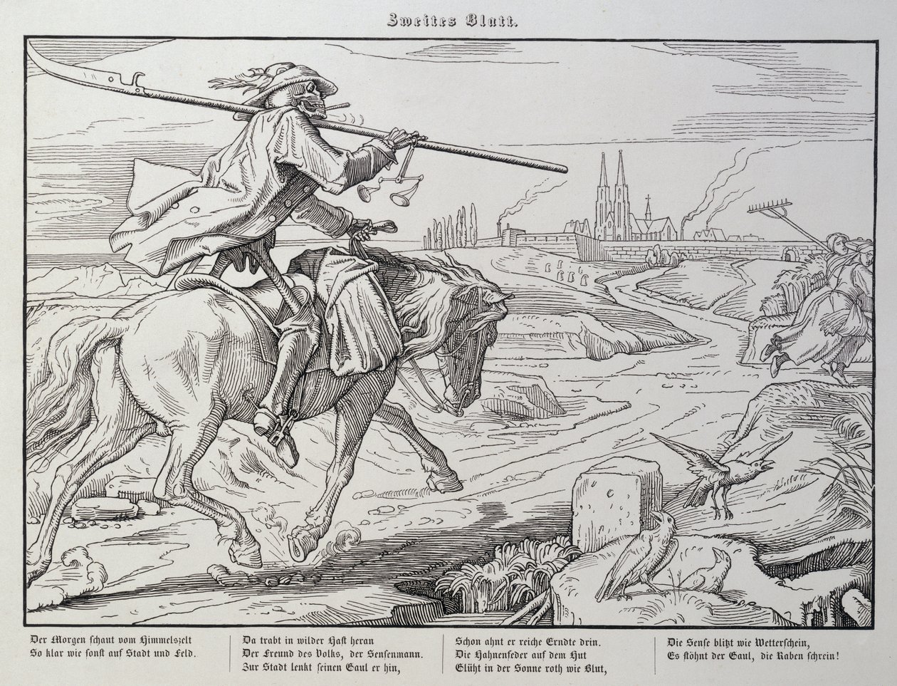 डेथ राइड्स टू टाउन, लीपज़िग, 1849 में जॉर्ज विगैंड द्वारा प्रकाशित &39;मौत का एक और नृत्य&39; से प्लेट 2 द्वारा अल्फ्रेड रिटेल