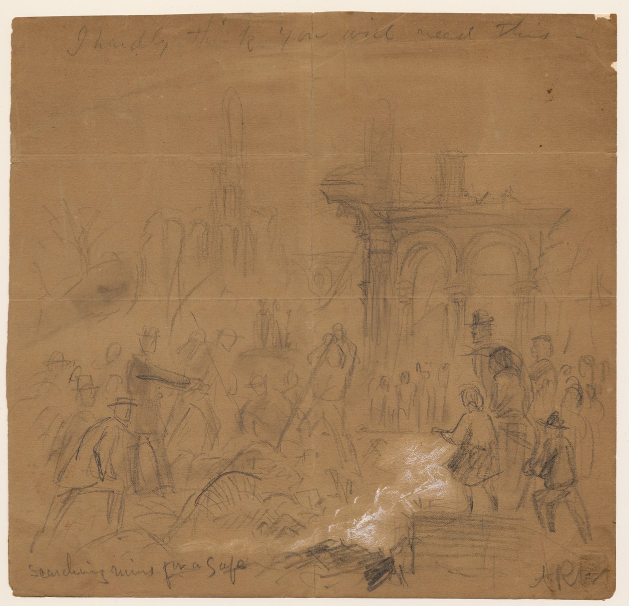 1871 के शिकागो फायर के बाद एक तिजोरी के लिए खंडहर की खोज (कागज पर पेंसिल और चाक) द्वारा अल्फ्रेड रुडोल्फ वुड
