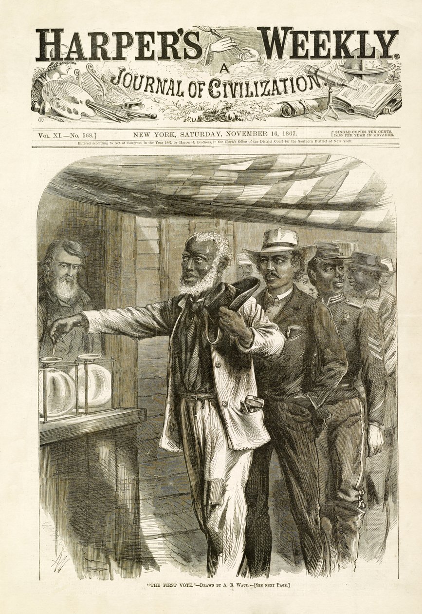 द फर्स्ट वोट, पब। हार्पर्स वीकली, 1867 द्वारा अल्फ्रेड रुडोल्फ वुड