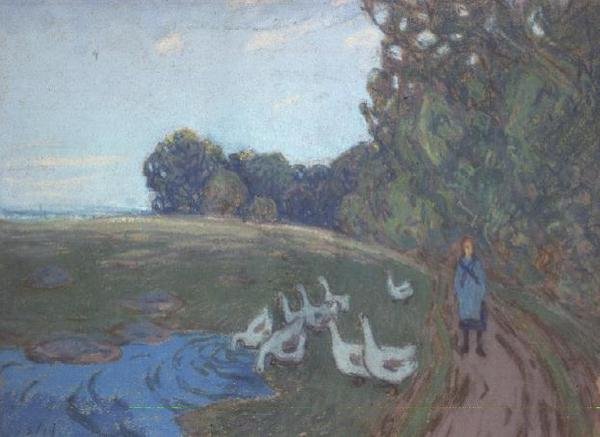 द गूज़ गर्ल, c.1895 (पेस्टल) द्वारा अल्फ्रेड सिसली