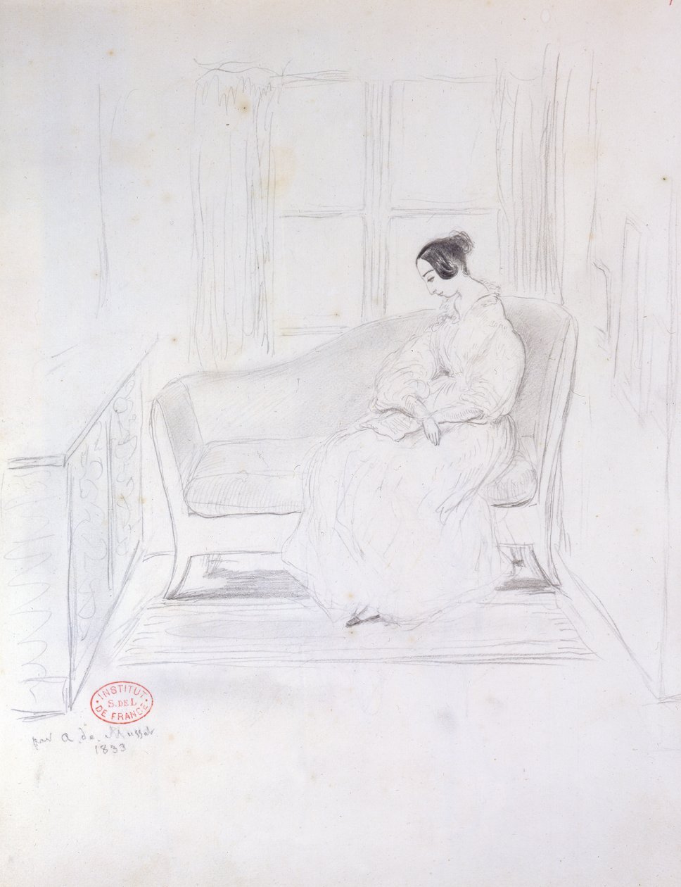 जॉर्ज सैंड (1804-76), एक खिड़की के बगल में सोफे पर पढ़ते हुए, 1833 द्वारा अल्फ्रेड डी मुसेट