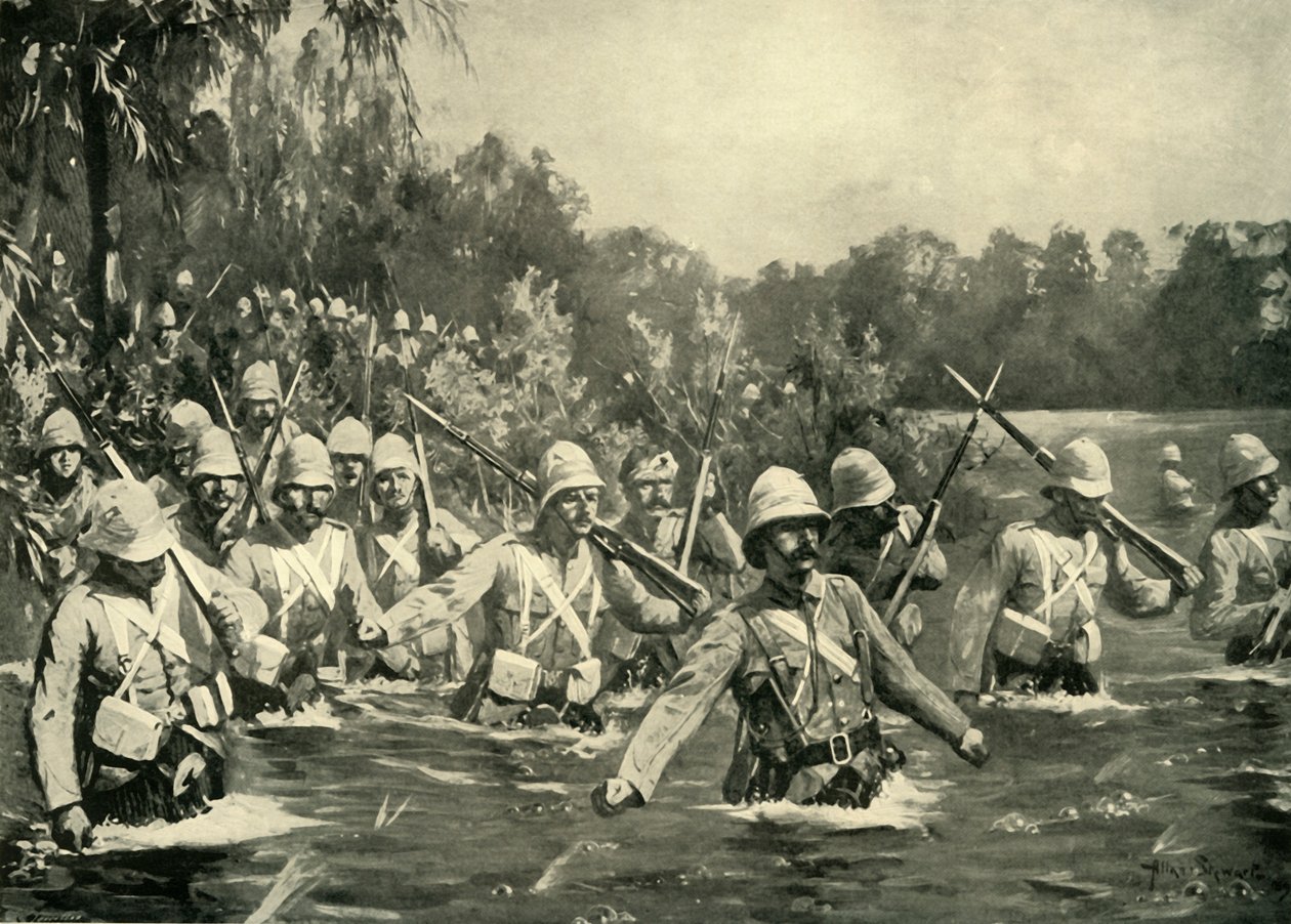 मोडर नदी की लड़ाई - द अर्गिल एंड सदरलैंड हाइलैंडर्स क्रॉसिंग द ड्रिफ्ट, 1900। द्वारा एलन स्टीवर्ट