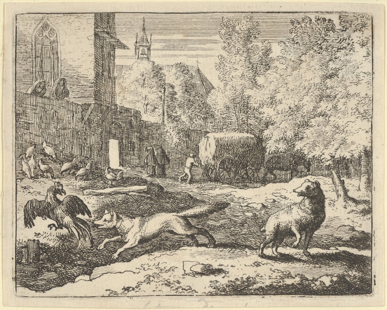 रेनार्ड एक मुर्गा खोजना चाहता है, 1650-75। द्वारा एलर्ट वैन एवरडिंगन