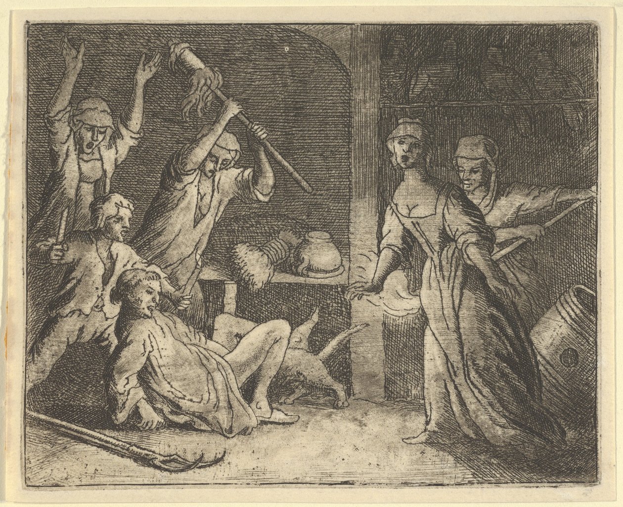 बिल्ली, एक जाल में फंसी, सदन के लोगों द्वारा गलत व्यवहार किया जाता है, 1650-75। द्वारा एलर्ट वैन एवरडिंगन